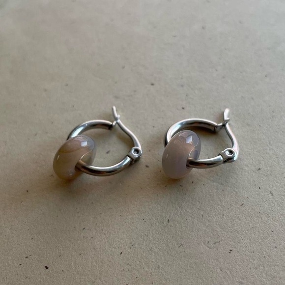 Silver Grey Agate Stone Hoops - Picture 2 of 5